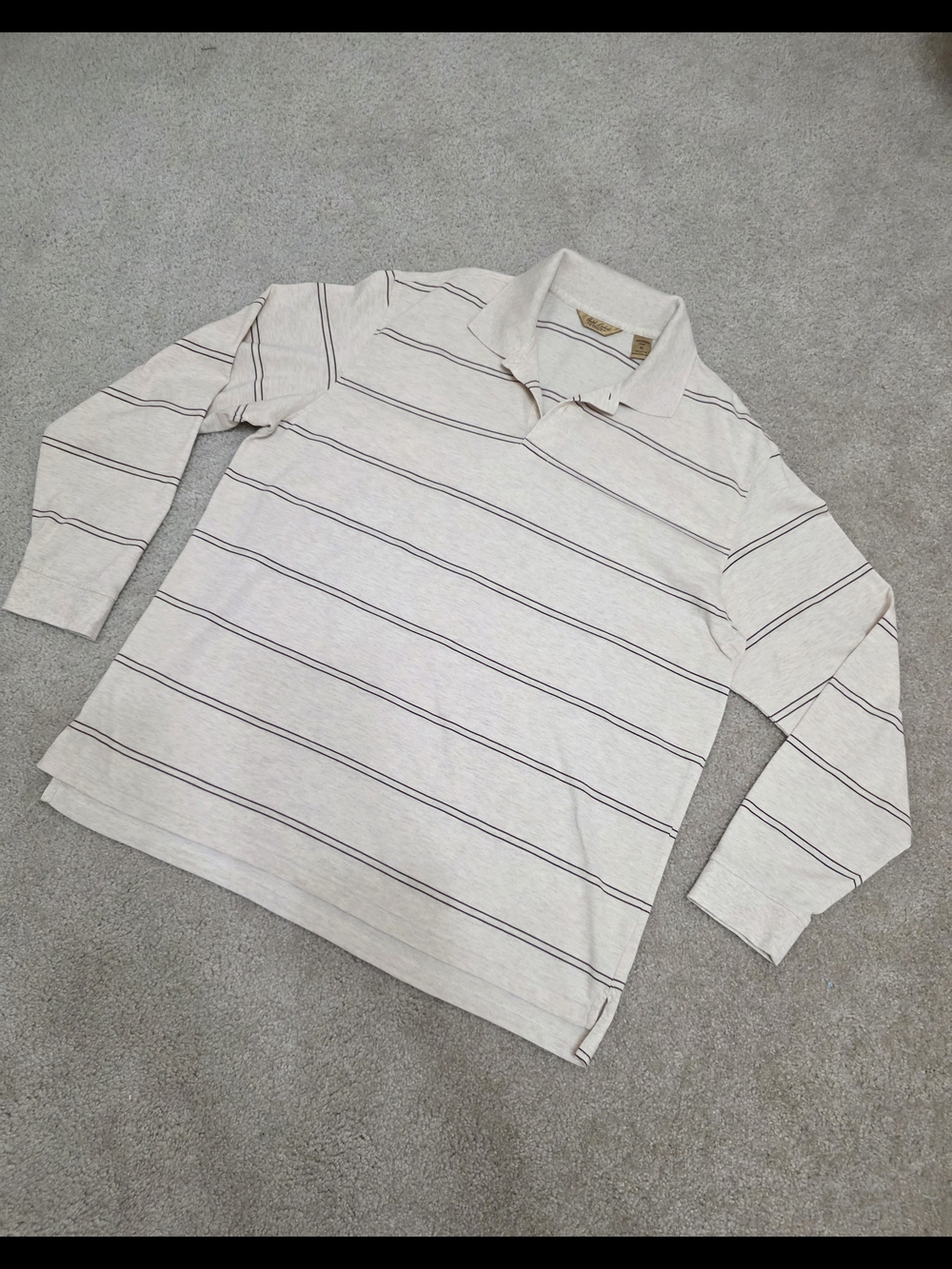 Roundtree & Yorke Men's Cream Long Sleeve Polo with Thin Brown Stripes Size XL
